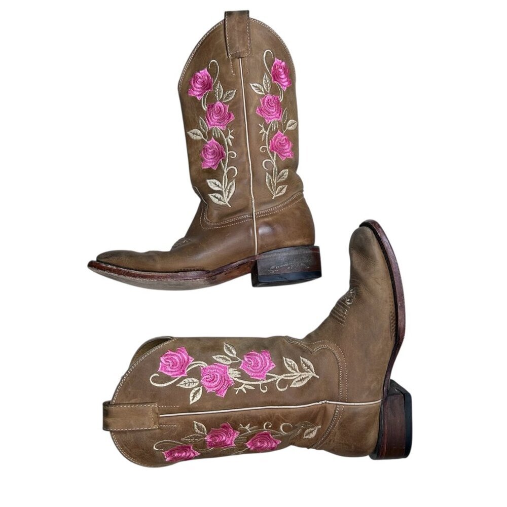 Pink Rose Cowboy Floral Pink Cowgirl Boots 7 Women Brown Western Boho
